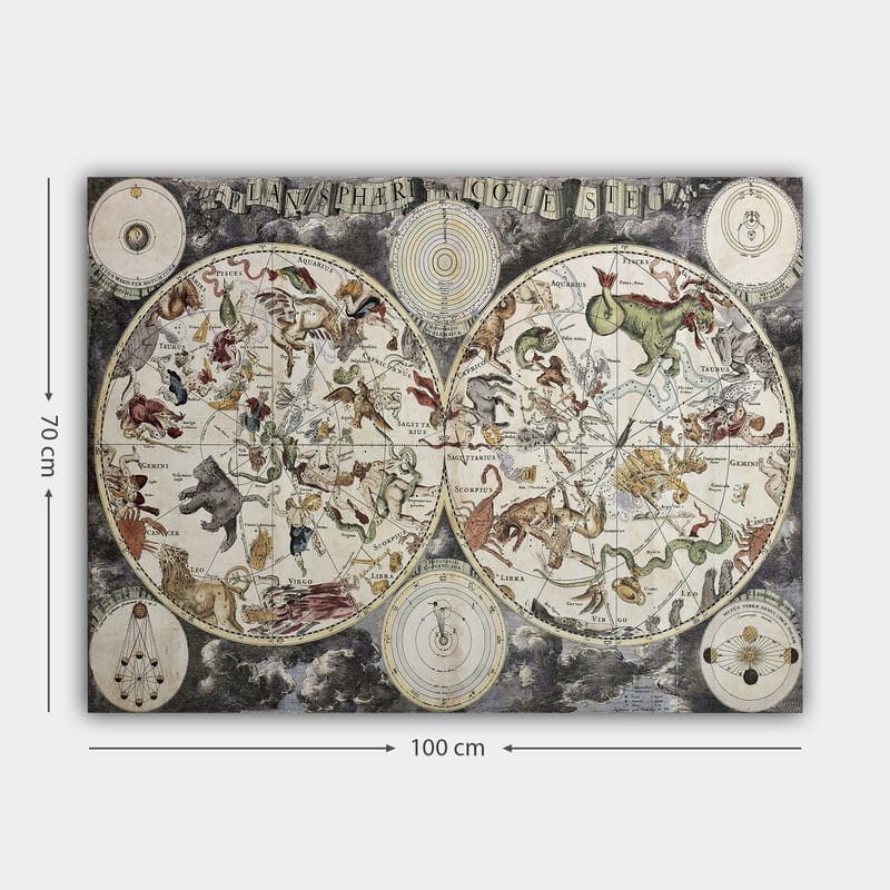 Lerretsbilde 70x100 cm - Detaljert stjernekart med diverse mytologiske dyr og figurer som representerer konstellasjoner - Grønn / Rød / Beige - Innredning - Bilder & kunst - Lerretsbilder