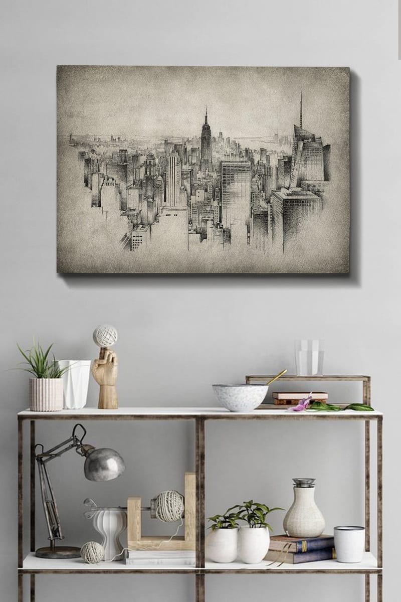 Lerretsbilde 70x100 cm - Detaljert visning av en bysilhuett med fokus på ikoniske skyskrapere - Grå / Svart - Innredning - Bilder & kunst - Lerretsbilder