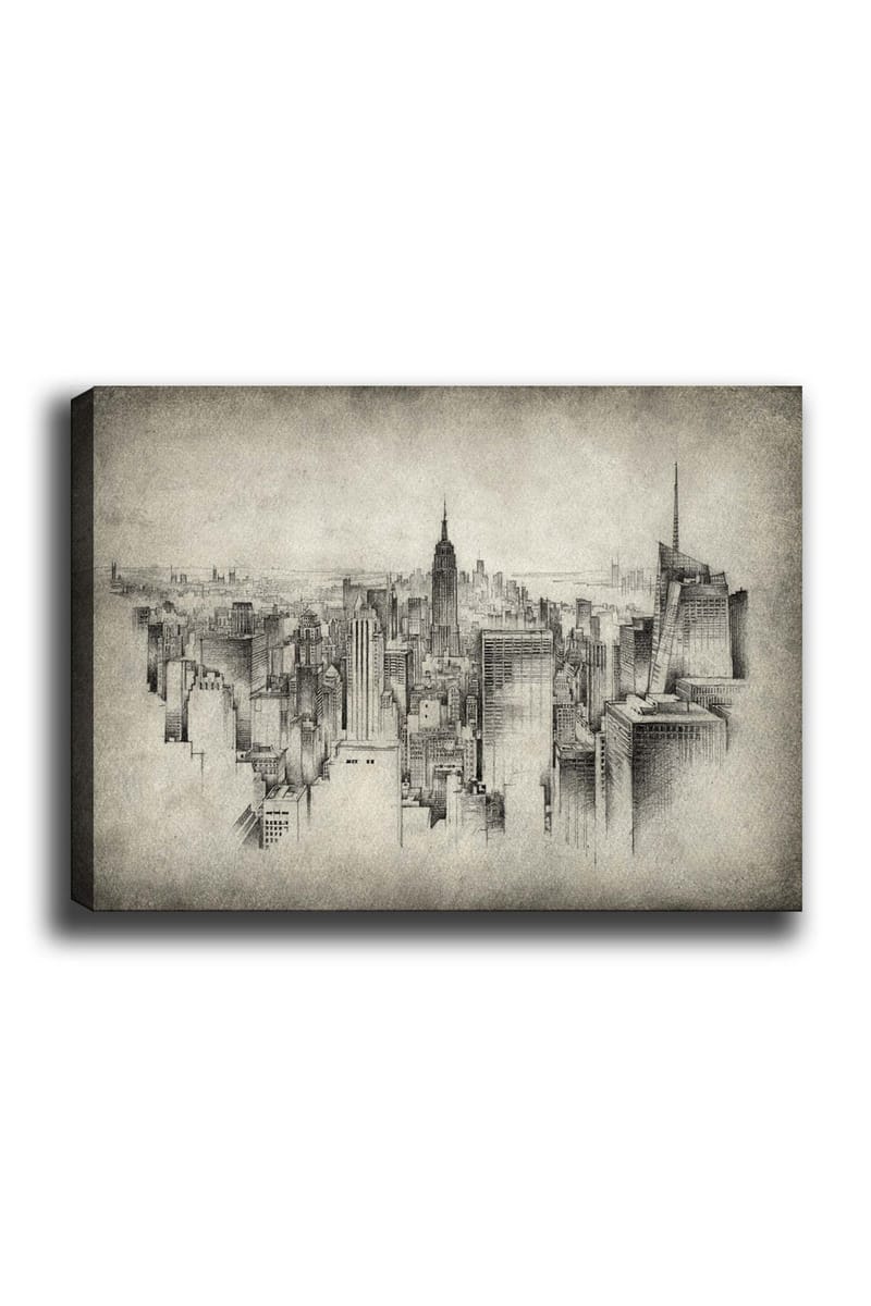 Lerretsbilde 70x100 cm - Detaljert visning av en bysilhuett med fokus på ikoniske skyskrapere, Grå / Svart
