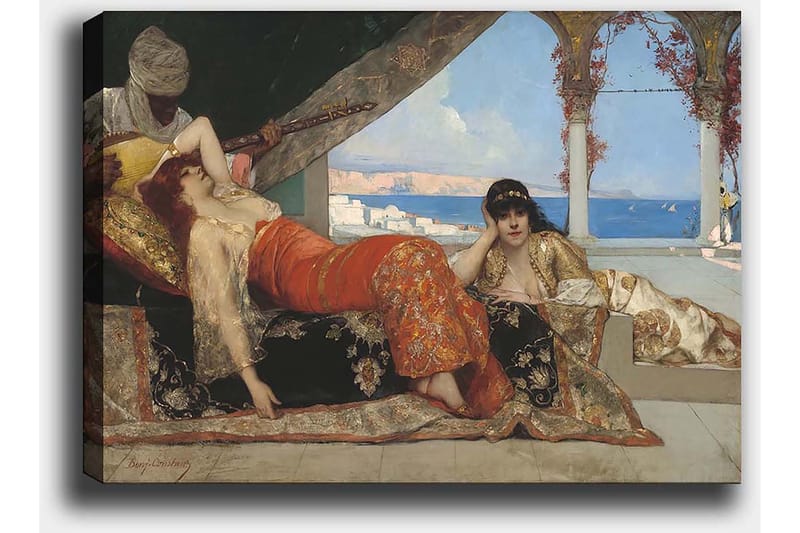 Lerretsbilde 70x100 cm - Drømmeaktig scene med to kvinner i orientalske klær som hviler i luksuriøse omgivelser, mens en mann spiller et strengeinstrument - Rød / Svart / Beige - Innredning - Bilder & kunst - Lerretsbilder