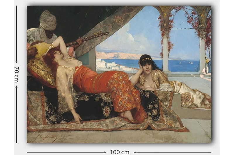 Lerretsbilde 70x100 cm - Drømmeaktig scene med to kvinner i orientalske klær som hviler i luksuriøse omgivelser, mens en mann spiller et strengeinstrument - Rød / Svart / Beige - Innredning - Bilder & kunst - Lerretsbilder