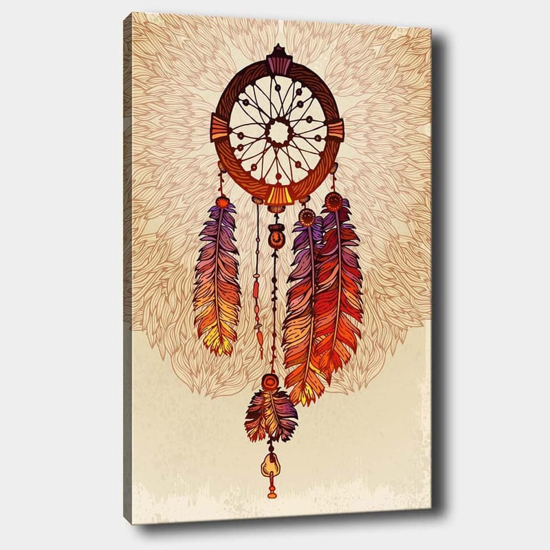 Lerretsbilde 70x100 cm - Drømmefanger med fargerike fjær hengende nedover - Oransje / Lilla / Brun - Innredning - Bilder & kunst - Lerretsbilder