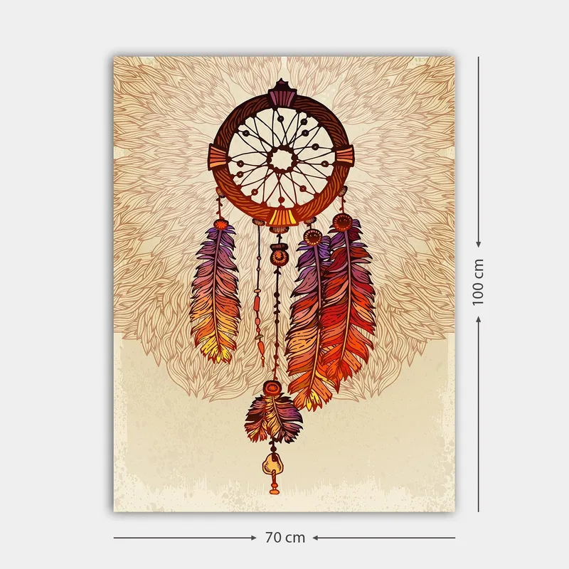 Lerretsbilde 70x100 cm - Drømmefanger med fargerike fjær hengende nedover - Oransje / Lilla / Brun - Innredning - Bilder & kunst - Lerretsbilder