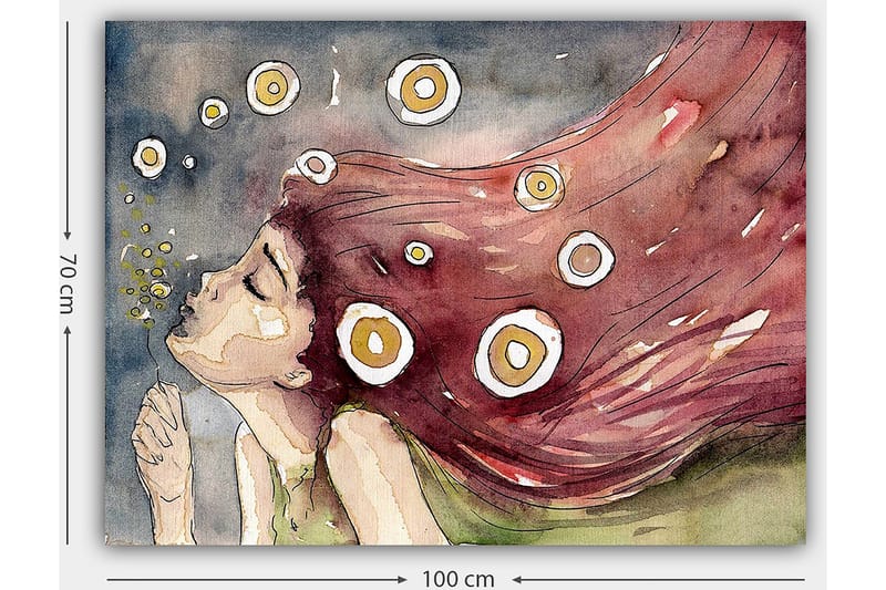 Lerretsbilde 70x100 cm - Drømmende kvinne med langt, rødlig hår som blåser i vinden, omgitt av hvite og gule sirkler - Rød / Hvit / Gul - Innredning - Bilder & kunst - Lerretsbilder