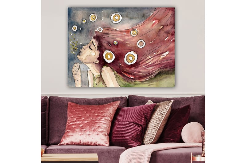 Lerretsbilde 70x100 cm - Drømmende kvinne med langt, rødlig hår som blåser i vinden, omgitt av hvite og gule sirkler - Rød / Hvit / Gul - Innredning - Bilder & kunst - Lerretsbilder