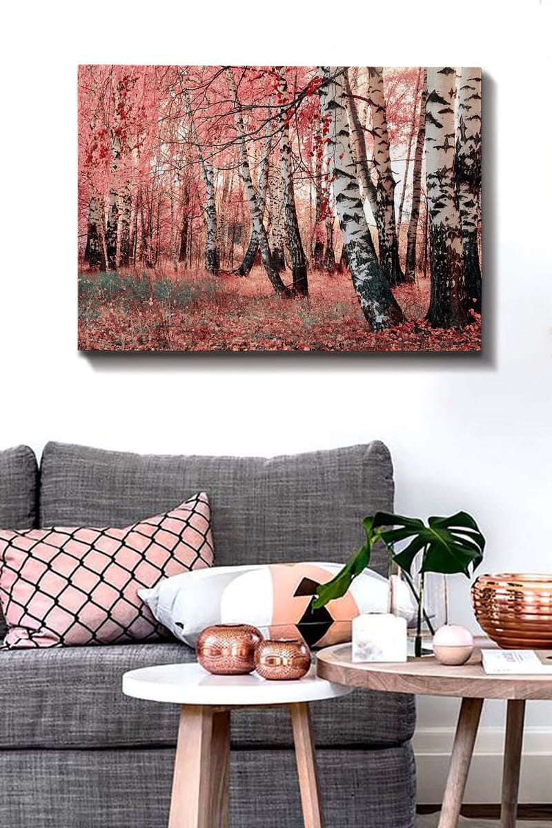 Lerretsbilde 70x100 cm - Drømmeskog med bjørketrær omgitt av rosa og røde blader - Rosa / Hvit / Svart - Innredning - Bilder & kunst - Lerretsbilder