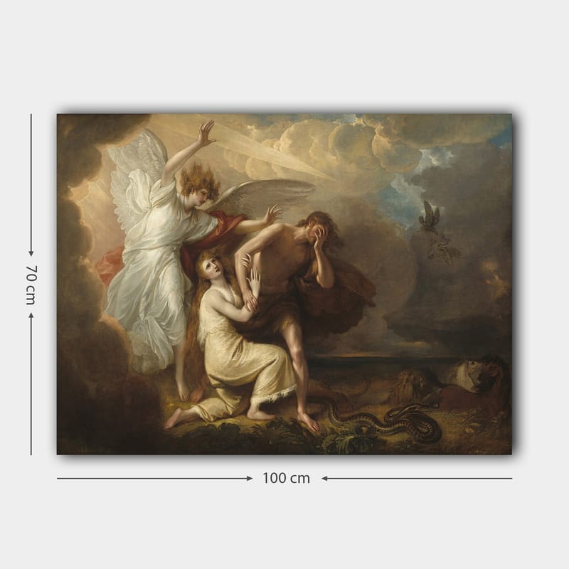 Lerretsbilde 70x100 cm - Dramatisk scene med en engel som beskytter en mann og en kvinne fra en truende situasjon - Hvit / Beige / Rød - Innredning - Bilder & kunst - Lerretsbilder