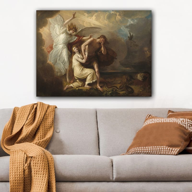 Lerretsbilde 70x100 cm - Dramatisk scene med en engel som beskytter en mann og en kvinne fra en truende situasjon - Hvit / Beige / Rød - Innredning - Bilder & kunst - Lerretsbilder