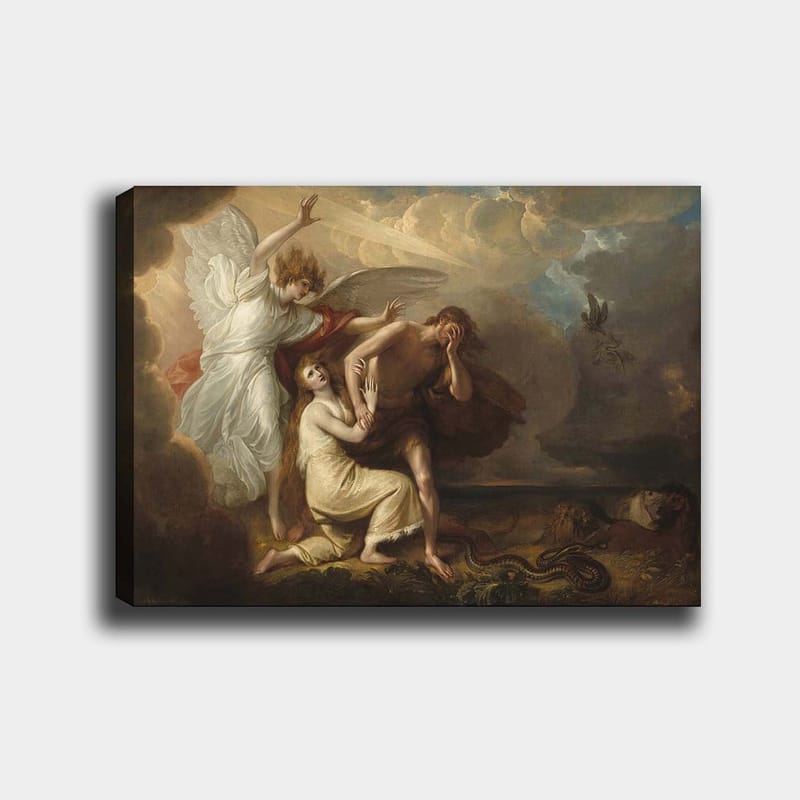 Lerretsbilde 70x100 cm - Dramatisk scene med en engel som beskytter en mann og en kvinne fra en truende situasjon, Hvit / Beige / Rød