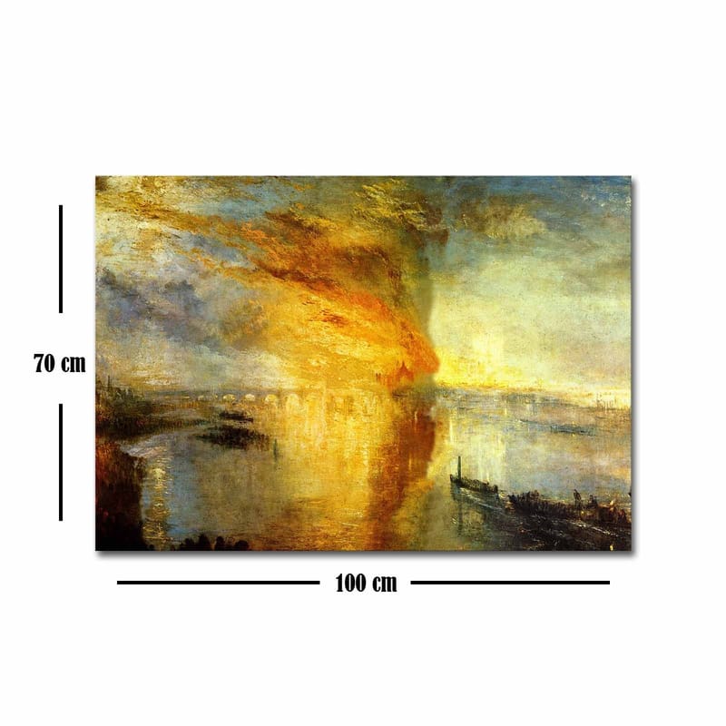 Lerretsbilde 70x100 cm - Dramatisk solnedgang over en rolig vannflate med skip i horisonten - Gull / Oransje / Blå - Innredning - Bilder & kunst - Lerretsbilder