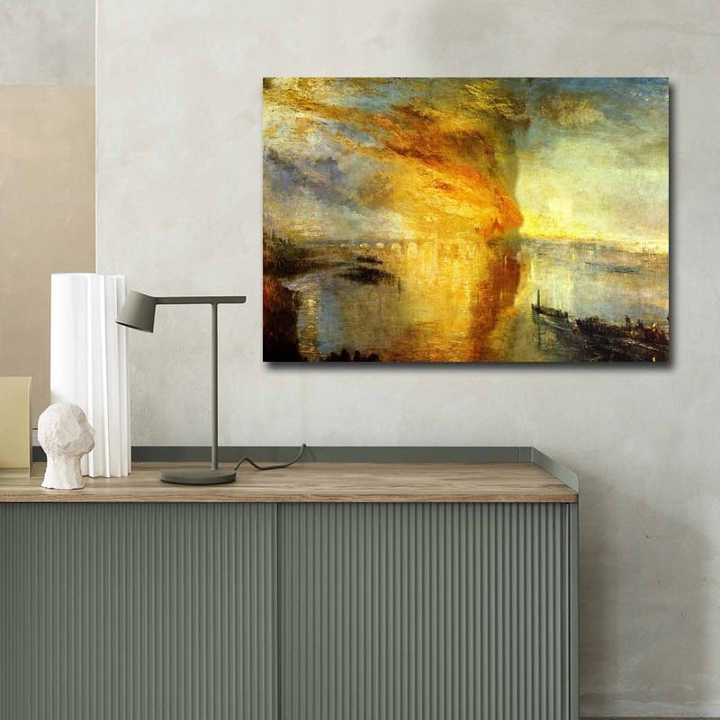 Lerretsbilde 70x100 cm - Dramatisk solnedgang over en rolig vannflate med skip i horisonten - Gull / Oransje / Blå - Innredning - Bilder & kunst - Lerretsbilder