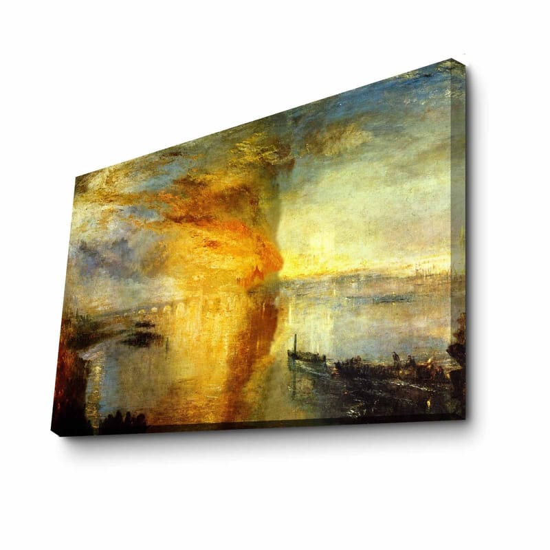 Lerretsbilde 70x100 cm - Dramatisk solnedgang over en rolig vannflate med skip i horisonten - Gull / Oransje / Blå - Innredning - Bilder & kunst - Lerretsbilder
