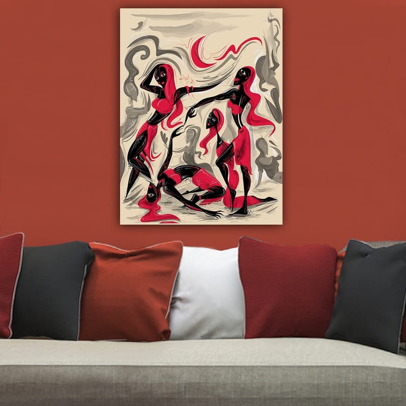 Lerretsbilde 70x100 cm - Dynamisk gruppe kvinner i bevegelse, som uttrykker følelser og samhørighet - Rød / Svart / Beige - Innredning - Bilder & kunst - Lerretsbilder
