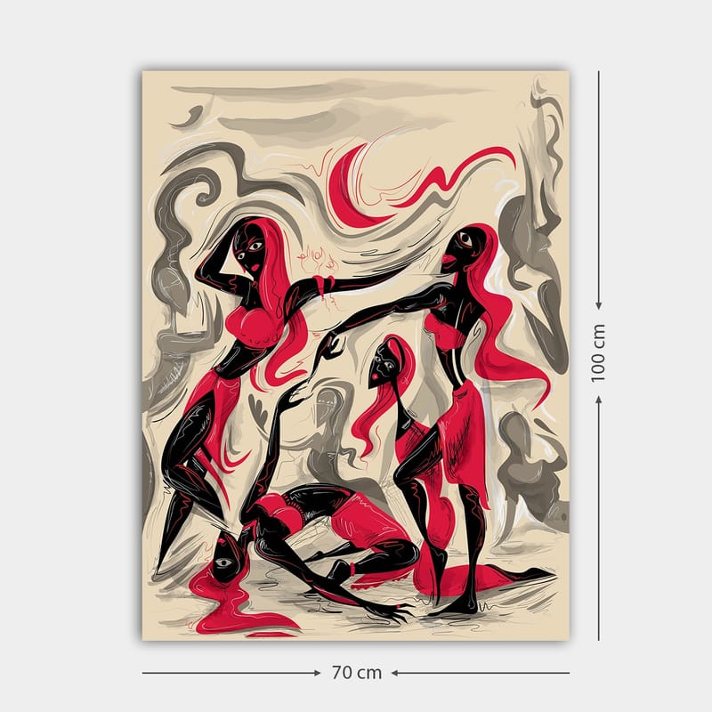 Lerretsbilde 70x100 cm - Dynamisk gruppe kvinner i bevegelse, som uttrykker følelser og samhørighet - Rød / Svart / Beige - Innredning - Bilder & kunst - Lerretsbilder