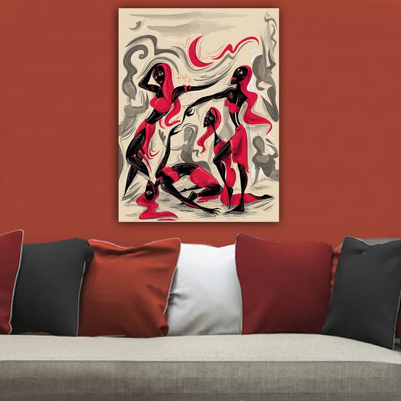 Lerretsbilde 70x100 cm - Dynamisk gruppe kvinner i bevegelse, som uttrykker følelser og samhørighet - Rød / Svart / Beige - Innredning - Bilder & kunst - Lerretsbilder