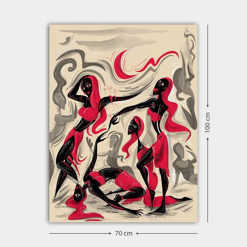 Lerretsbilde 70x100 cm - Dynamisk gruppe kvinner i bevegelse, som uttrykker følelser og samhørighet - Rød / Svart / Beige - Innredning - Bilder & kunst - Lerretsbilder