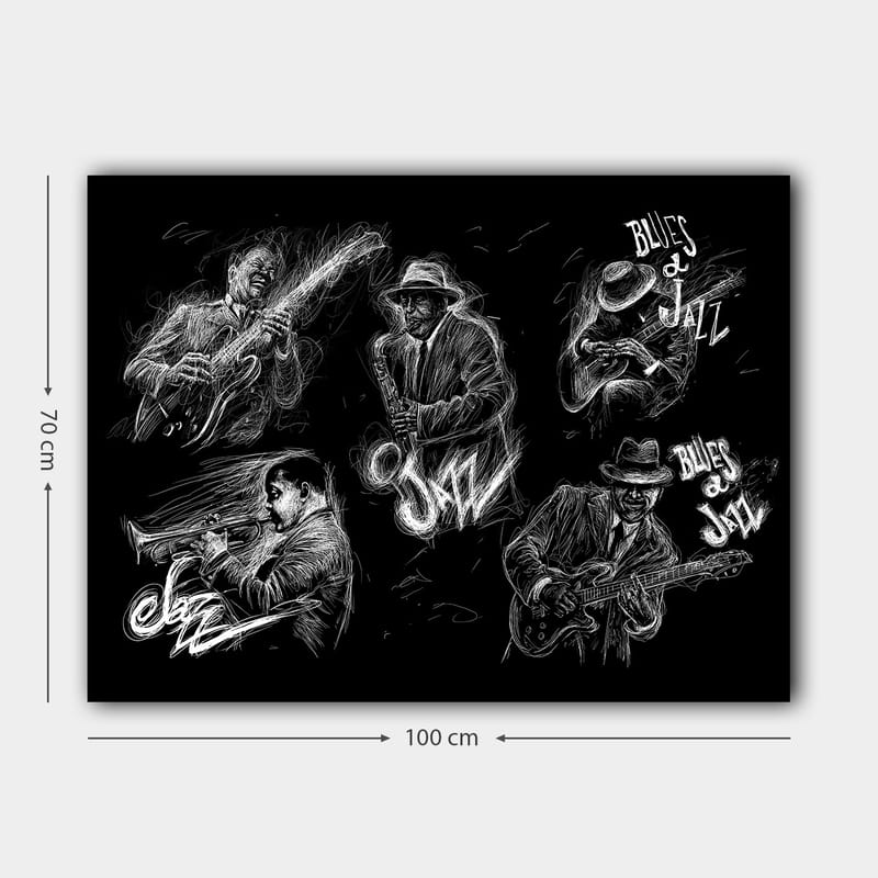 Lerretsbilde 70x100 cm - Dynamisk skildring av jazzmusikere som spiller forskjellige instrumenter i en energisk komposisjon - Svart / Hvit - Innredning - Bilder & kunst - Lerretsbilder