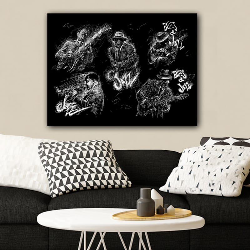 Lerretsbilde 70x100 cm - Dynamisk skildring av jazzmusikere som spiller forskjellige instrumenter i en energisk komposisjon - Svart / Hvit - Innredning - Bilder & kunst - Lerretsbilder