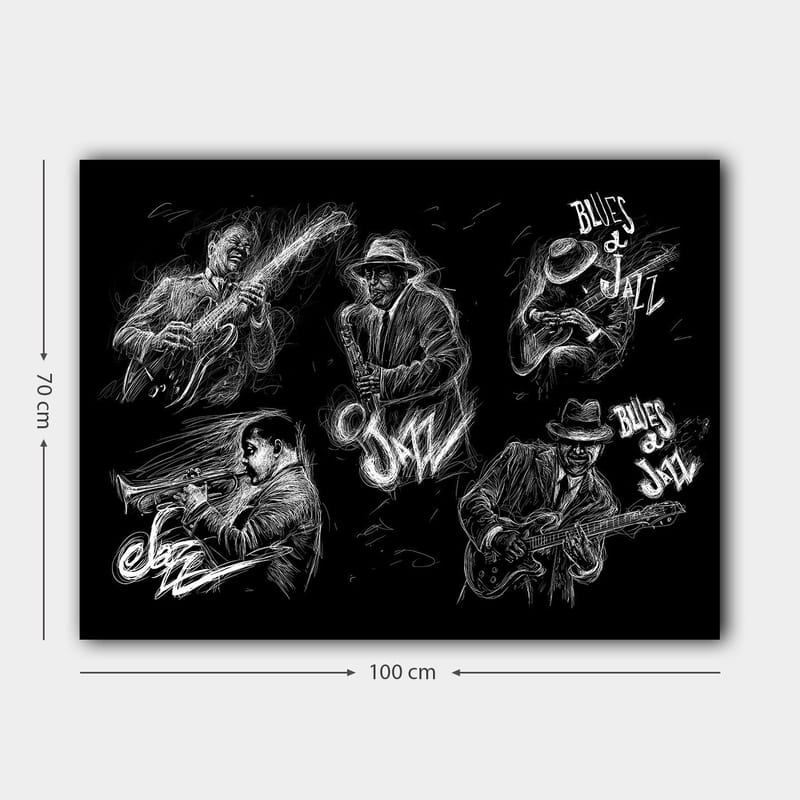 Lerretsbilde 70x100 cm - Dynamisk skildring av jazzmusikere som spiller forskjellige instrumenter i en energisk komposisjon - Svart / Hvit - Innredning - Bilder & kunst - Lerretsbilder