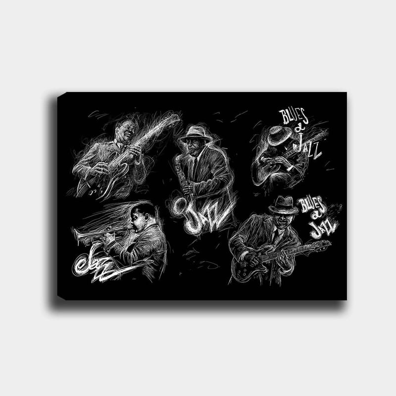 Lerretsbilde 70x100 cm - Dynamisk skildring av jazzmusikere som spiller forskjellige instrumenter i en energisk komposisjon, Svart / Hvit