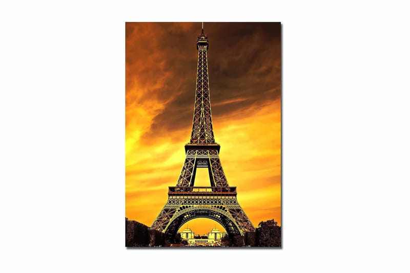 Lerretsbilde 70x100 cm - Eiffeltårnet mot en dramatisk solnedgang, Gull / Oransje / Svart