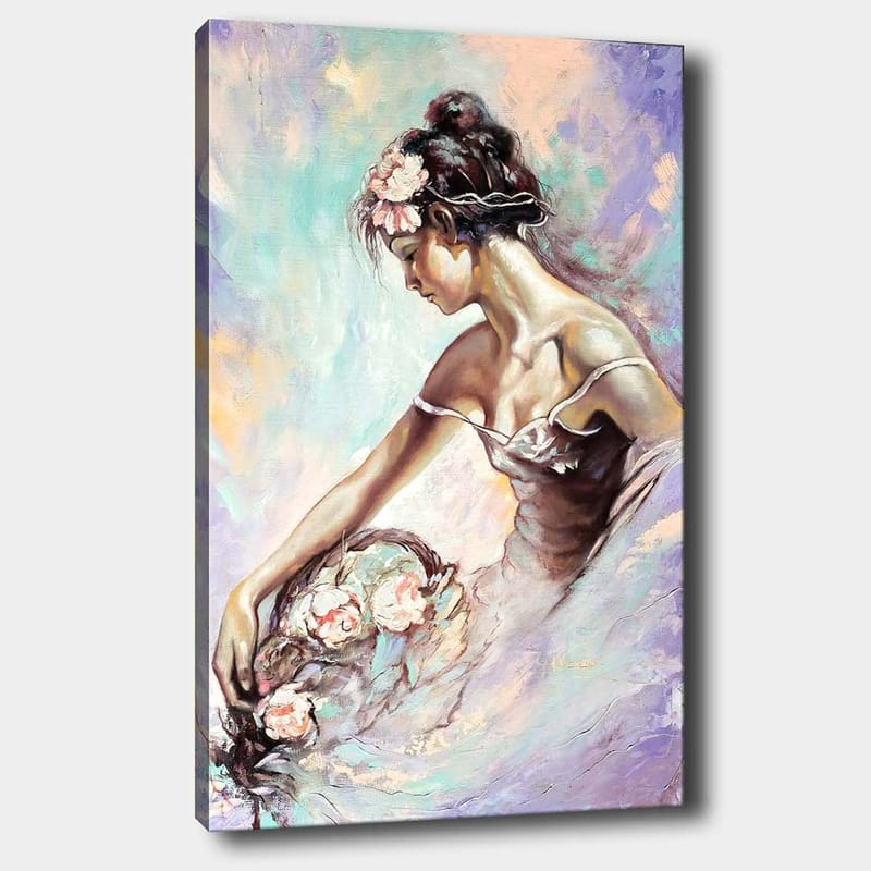 Lerretsbilde 70x100 cm - Elegant ballerina som plukker blomster med et drømmende og mykt uttrykk, Lys rosa / Mintgrønn / Beige