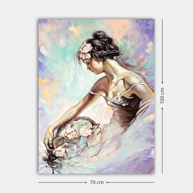 Lerretsbilde 70x100 cm - Elegant ballerina som plukker blomster med et drømmende og mykt uttrykk - Lys rosa / Mintgrønn / Beige - Innredning - Bilder & kunst - Lerretsbilder