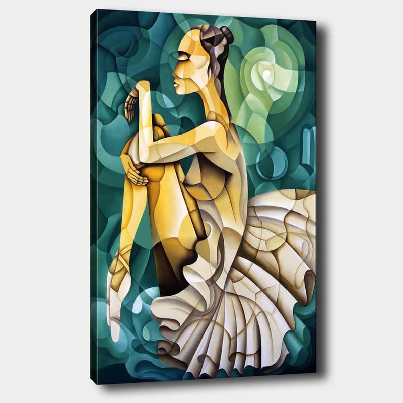 Lerretsbilde 70x100 cm - Elegant ballettdanser i en stilisert positur med fokus på bevegelse og form, Gull / Grønn / Hvit