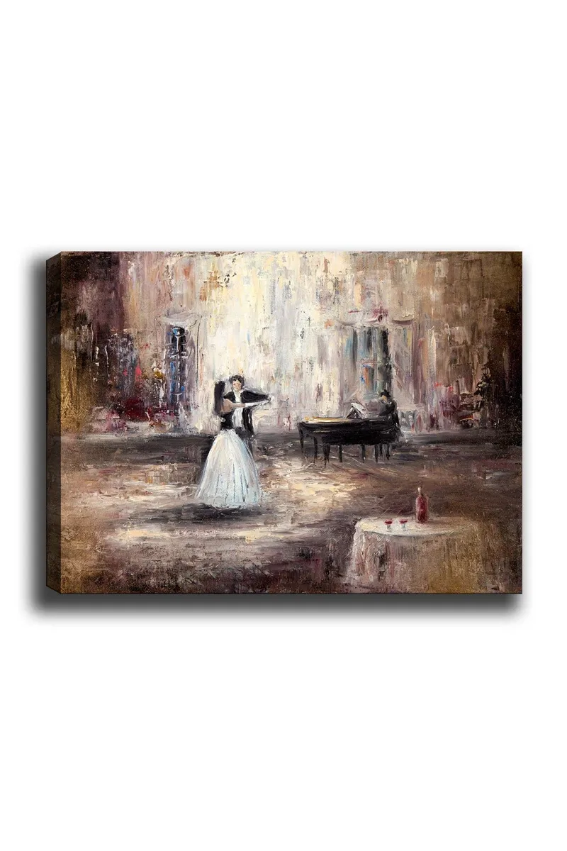 Lerretsbilde 70x100 cm - Elegant dansende kvinne i hvit kjole foran et piano i romantiske omgivelser, Hvit / Brun / Grå