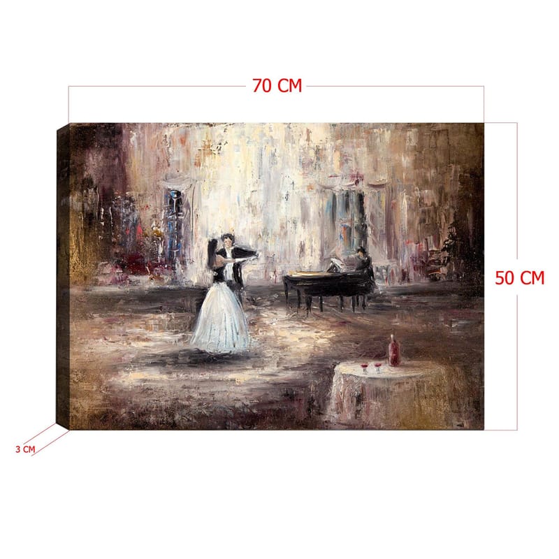 Lerretsbilde 70x100 cm - Elegant dansende kvinne i hvit kjole foran et piano i romantiske omgivelser - Hvit / Brun / Grå - Innredning - Bilder & kunst - Lerretsbilder