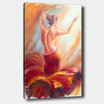 Lerretsbilde 70x100 cm - Elegant danser i en rød kjole som fanger bevegelsen og følelsen av dans - Rød / Oransje / Beige - Innredning - Bilder & kunst - Lerretsbilder
