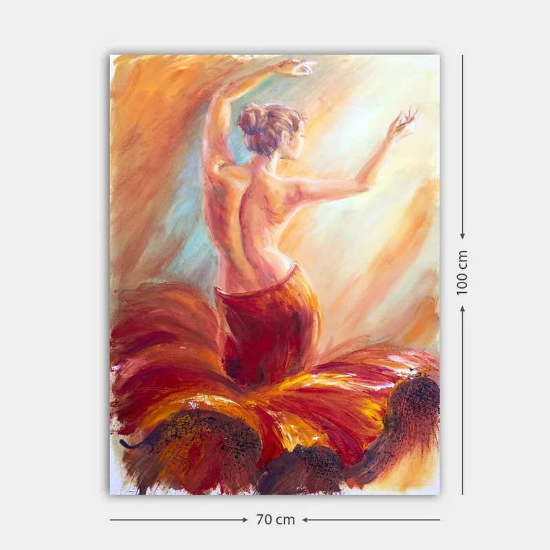 Lerretsbilde 70x100 cm - Elegant danser i en rød kjole som fanger bevegelsen og følelsen av dans - Rød / Oransje / Beige - Innredning - Bilder & kunst - Lerretsbilder