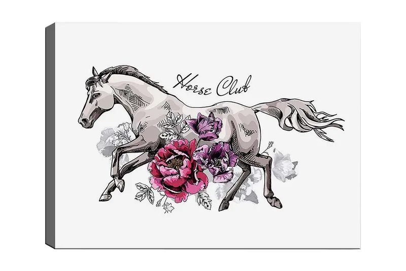 Lerretsbilde 70x100 cm - Elegant hest som løper fremover omgitt av fargerike blomster, Grå / Rosa / Lilla