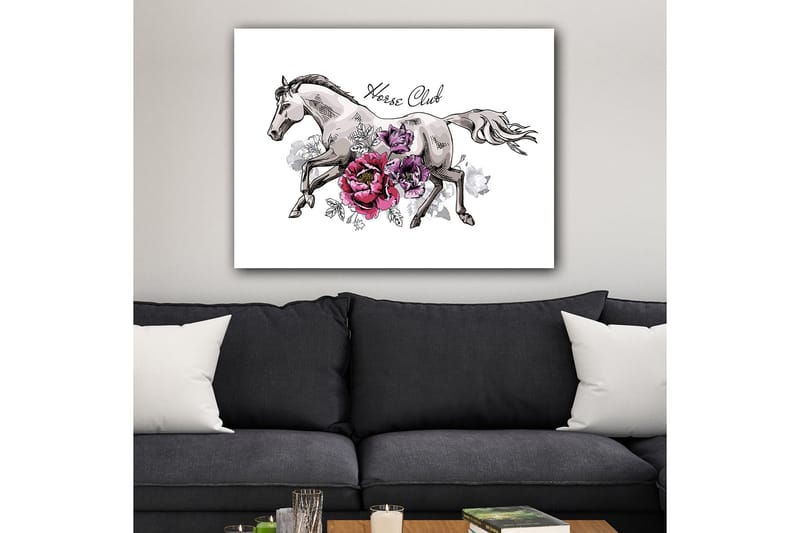 Lerretsbilde 70x100 cm - Elegant hest som løper fremover omgitt av fargerike blomster - Grå / Rosa / Lilla - Innredning - Bilder & kunst - Lerretsbilder