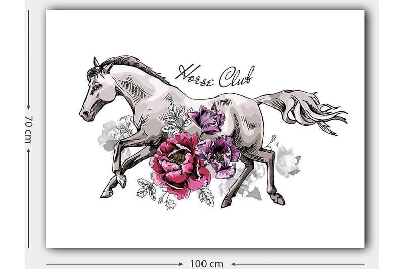 Lerretsbilde 70x100 cm - Elegant hest som løper fremover omgitt av fargerike blomster - Grå / Rosa / Lilla - Innredning - Bilder & kunst - Lerretsbilder