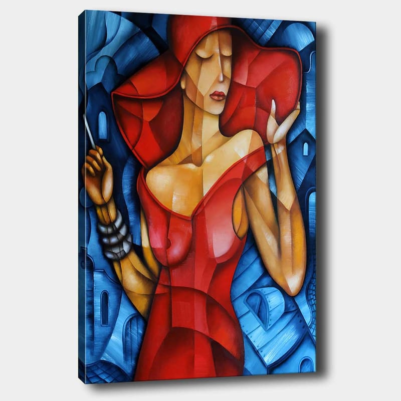 Lerretsbilde 70x100 cm - Elegant kvinne i rød kjole med stor hatt, holder en parasoll i en stilisert setting, Rød / Blå / Beige