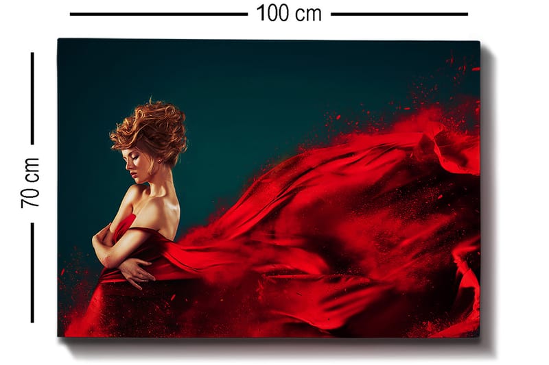 Lerretsbilde 70x100 cm - Elegant kvinne i rød kjole som svever med dramatiske bevegelser - Rød / Mørk blå - Innredning - Bilder & kunst - Lerretsbilder