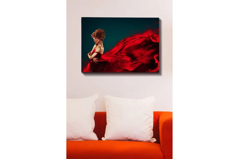 Lerretsbilde 70x100 cm - Elegant kvinne i rød kjole som svever med dramatiske bevegelser - Rød / Mørk blå - Innredning - Bilder & kunst - Lerretsbilder