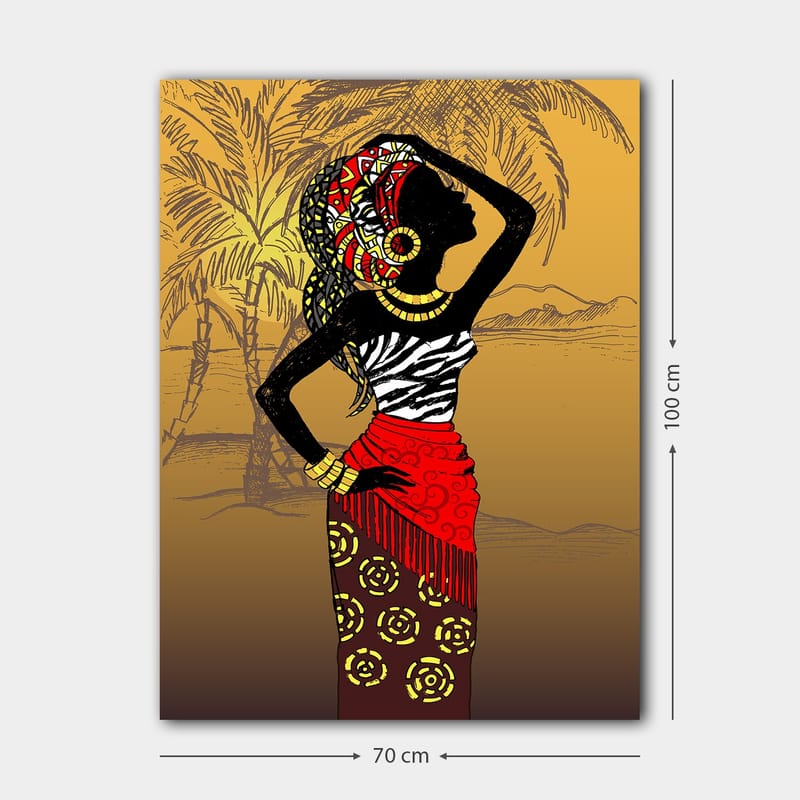 Lerretsbilde 70x100 cm - Elegant kvinne i tradisjonelle klær og smykker, poserer mot en eksotisk bakgrunn - Svart / Rød / Gul - Innredning - Bilder & kunst - Lerretsbilder