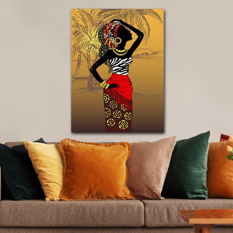 Lerretsbilde 70x100 cm - Elegant kvinne i tradisjonelle klær og smykker, poserer mot en eksotisk bakgrunn - Svart / Rød / Gul - Innredning - Bilder & kunst - Lerretsbilder