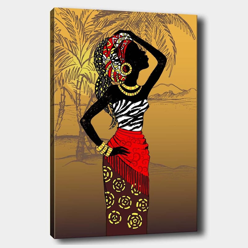 Lerretsbilde 70x100 cm - Elegant kvinne i tradisjonelle klær og smykker, poserer mot en eksotisk bakgrunn, Svart / Rød / Gul