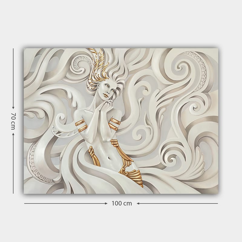 Lerretsbilde 70x100 cm - Elegant kvinne med flagrende hår omgitt av dekorative virvler og mønstre - Hvit / Gull / Grå - Innredning - Bilder & kunst - Lerretsbilder