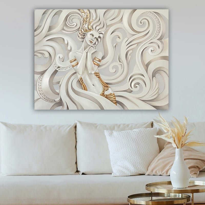 Lerretsbilde 70x100 cm - Elegant kvinne med flagrende hår omgitt av dekorative virvler og mønstre - Hvit / Gull / Grå - Innredning - Bilder & kunst - Lerretsbilder