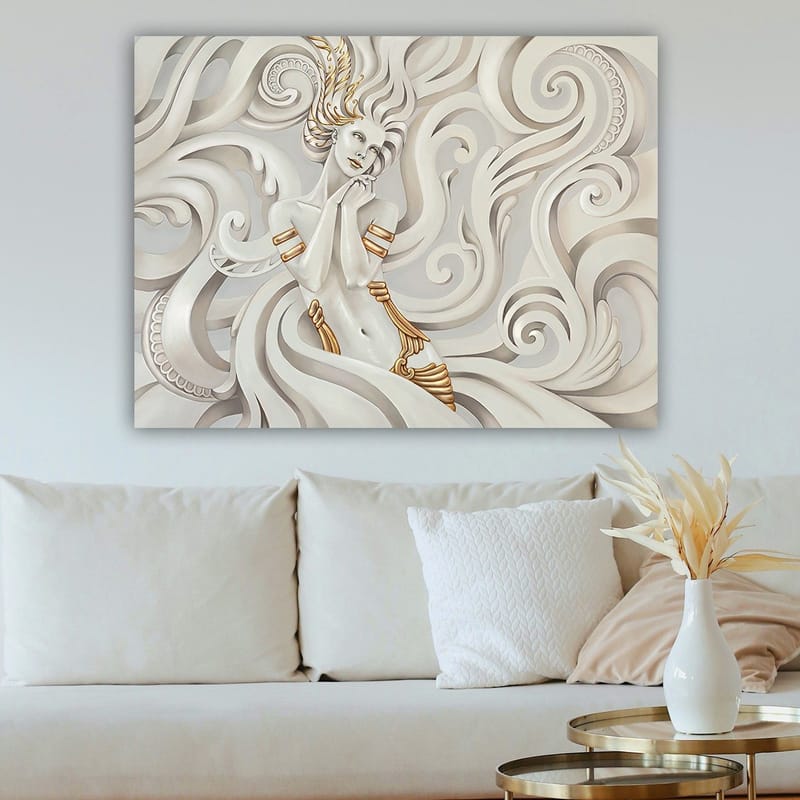 Lerretsbilde 70x100 cm - Elegant kvinne med flagrende hår omgitt av dekorative virvler og mønstre - Hvit / Gull / Grå - Innredning - Bilder & kunst - Lerretsbilder