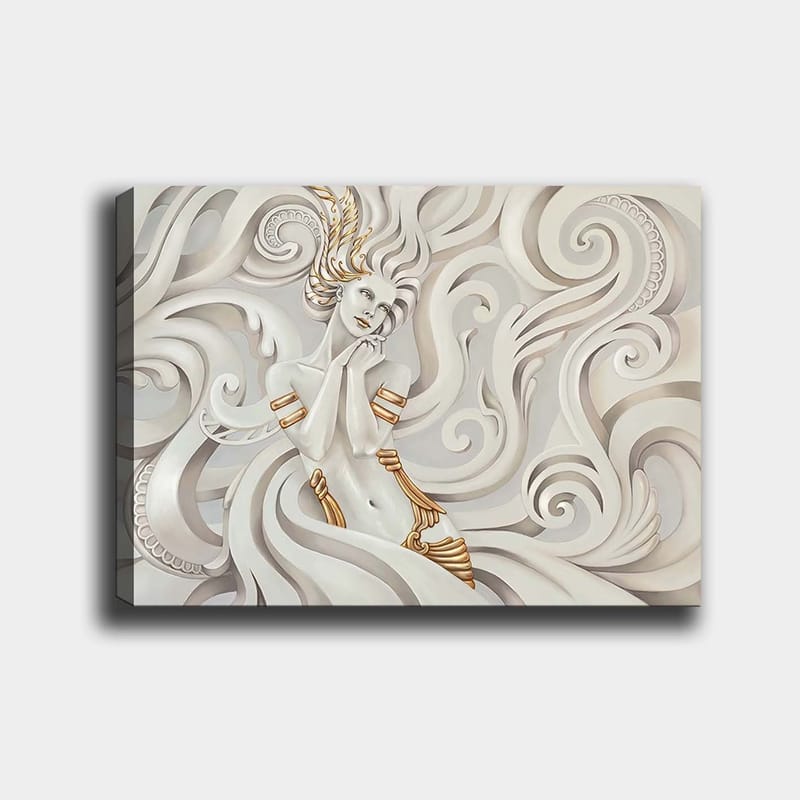 Lerretsbilde 70x100 cm - Elegant kvinne med flagrende hår omgitt av dekorative virvler og mønstre, Hvit / Gull / Grå