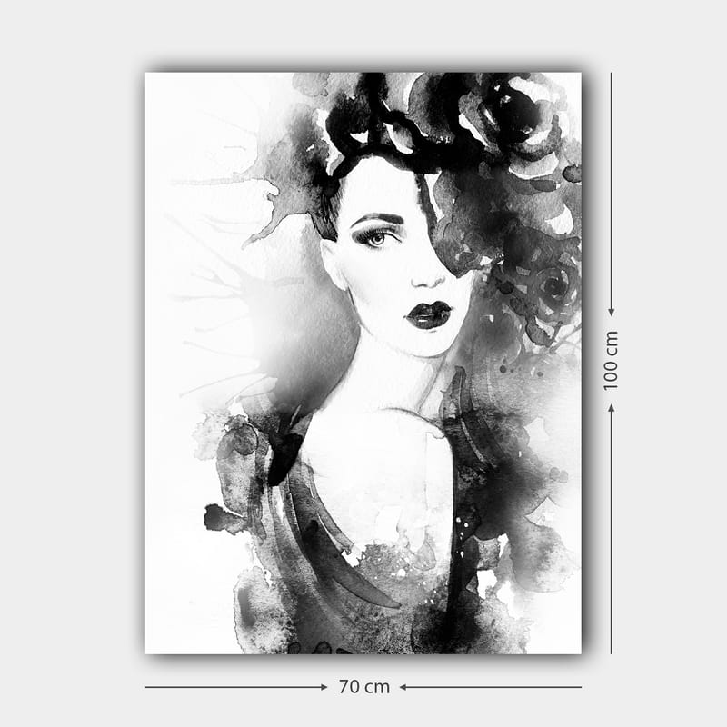 Lerretsbilde 70x100 cm - Elegant kvinne med mørkt hår og dramatisk sminke, omgitt av svarte blomster - Svart / Grå / Hvit - Innredning - Bilder & kunst - Lerretsbilder
