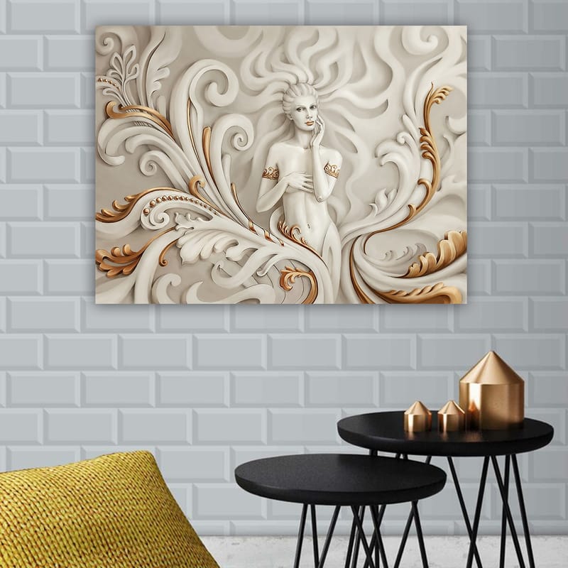Lerretsbilde 70x100 cm - Elegant kvinne omgitt av svingete ornamenter og myke linjer - Hvit / Beige / Gull - Innredning - Bilder & kunst - Lerretsbilder