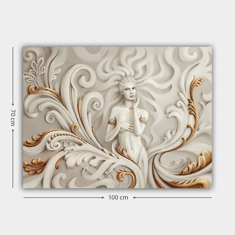 Lerretsbilde 70x100 cm - Elegant kvinne omgitt av svingete ornamenter og myke linjer - Hvit / Beige / Gull - Innredning - Bilder & kunst - Lerretsbilder