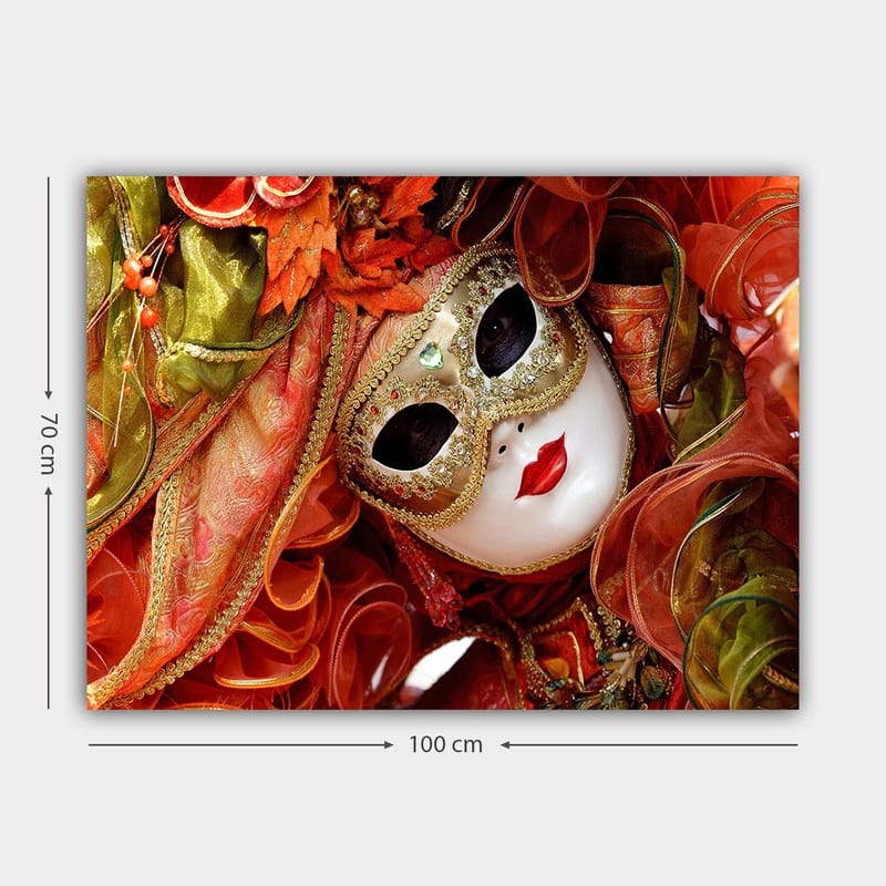 Lerretsbilde 70x100 cm - Elegant maskeradefigur med utsmykket maske og fargerikt kostyme - Rød / Oransje / Grønn - Innredning - Bilder & kunst - Lerretsbilder