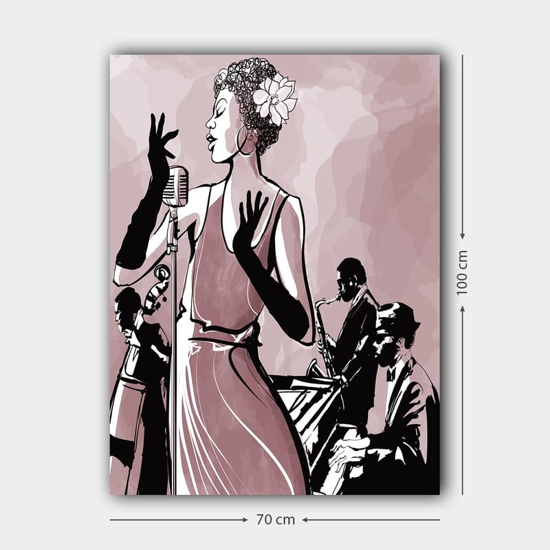 Lerretsbilde 70x100 cm - Elegant sanger i fokus, omgitt av musikere som skaper en jazzaktig atmosfære - Mørk rosa / Svart / Hvit - Innredning - Bilder & kunst - Lerretsbilder